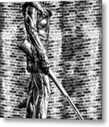 Mountaineer Statue With Black And White Brick Background Metal Print