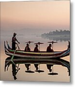 Myanmar, Monks In Boat At Ubein Bridge Metal Print