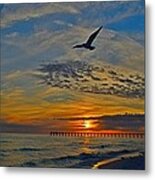 Navarre Beach And Pier Sunset Colors With Gulls And Waves Metal Print