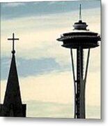 Seattle Washington Space  Needle Steeple And Cross Metal Print