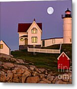 Nubble Lighthouse And Moon Metal Print