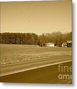 Old Barn And Farm Field In Sepia Metal Print