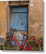 Old Red Bicycle Leaning Against A Metal Print