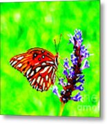 Orange Butterly Against A Funky Green Background Metal Print