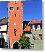 Orange Tower And Blue Sky - City Gate In Meersburg Germany Metal Print