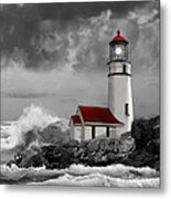 Oregon Lighthouse Cape Blanco In Black White And Red Metal Print