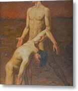 Original Classic Oil Painting Body Art - Two Male Nude-  034 Metal Print