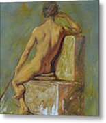 Original Man Oil Painting Gay Body Art-young Male Nude Sitting On Chair Metal Print