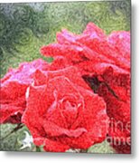 Painterly Red English Roses With Green Swirls Metal Print