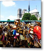 Paris Pont Des Arts Love Locks With Notre Dame In The Background Metal Print