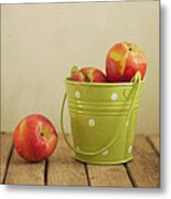 Peaches In Green Bucket With Polka Dots Metal Print