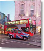 Piccadilly Circus, London Cab And Bus Metal Print