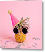 Pineapple Wearing A Party Hat And Metal Print