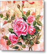 Pink Roses On Vintage Letters Metal Print