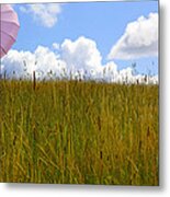 Pink Umbrella In The Meadow Metal Print