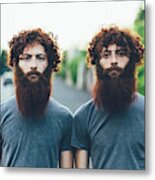 Portrait Of Identical Adult Male Twins With Red Hair And Beards On Sidewalk Metal Print
