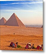 Pyramids And Camels Metal Print