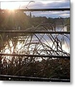 Rain Drops On Railing River View 1 Metal Print