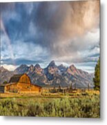 Rainbow On Moulton Barn - Horizontal - Grand Teton National Park Metal Print