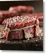 Raw Bacon Wrapped Steak Fillets Seasoned With Salt And Pepper Metal Print
