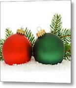 Red And Green Christmas Baubles Metal Print