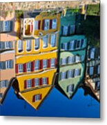 Reflection Of Colorful Houses In Neckar River Tuebingen Germany Metal Print