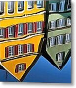 Reflection Of Colorful Houses In Tuebingen In River Neckar Metal Print