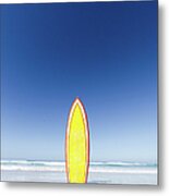 Retro Yellow Surf Board And Blue Sky Metal Print
