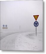 Road Signs In Snowy Landscape Metal Print