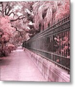 Savannah Dreamy Pink Rod Iron Gate Fence Architecture Street With Palm Trees Metal Print