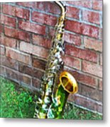 Saxophone Against Brick Metal Print