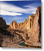 Scenic Smith Rock Mountains With Rugged Cliffs Flowing River Metal Print