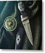 Scottish Dirk And Celtic Pin Brooch On Plaid Metal Print