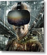 Senior Man Using A Virtual Reality Headset. Metal Print