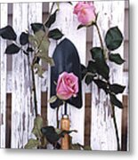 Shabby Chic Cottage Romantic Pink Roses Garden Tools Metal Print