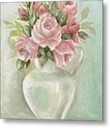 Shabby Chic Pink Roses Painting On Aqua Background Metal Print