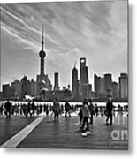 Shanghai Skyline Black And White Metal Print
