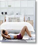 Side View Of A Woman Doing Sit Ups On The Floor Metal Print