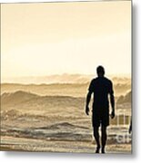 Silhouetted Father And Son Walk Beach Metal Print