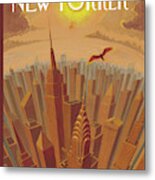 Skyline Of Nyc At Sunset With Icarus Flying Close Metal Print