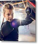 Small Boxer Exercising Punches On A Sports Training In A Gym. Metal Print