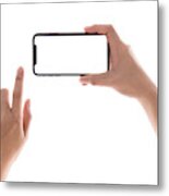 Smartphone In Female Hands Taking Photo Isolated On White Blackground Metal Print