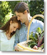 Smiling Couple With Basket Of Vegetables Metal Print