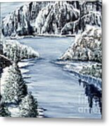 Snowy Cabin By The Lake Metal Print