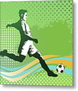 Soccer Player With Ball On Green Metal Print