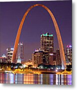 St. Louis Skyline At Night Gateway Arch Color Panorama Missouri Metal Print