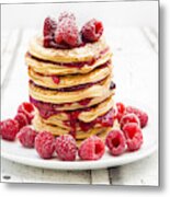 Stack Of Pancakes With Raspberry Sauce And Raspberries Metal Print