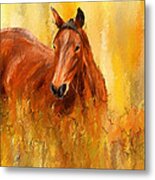 Stallion In Autumn - Bay Horse Paintings Metal Print
