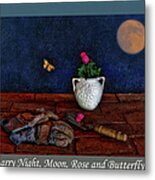 Starry Night Moon Rose And Butterfly Metal Print
