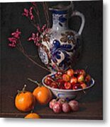 Still Life With Cherries-oranges And Blue Tankard Metal Print